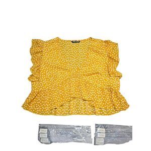 SHEIN Top Short Bell Sleeves V-Neck Blouse Buttons Yellow White Women's XL